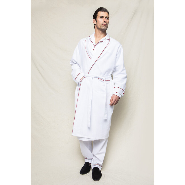 Men's Flannel Robe, White with Red Piping - Robes - 3