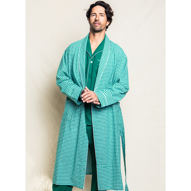 Men's Flannel Robe, Green Gingham - Robes - 3