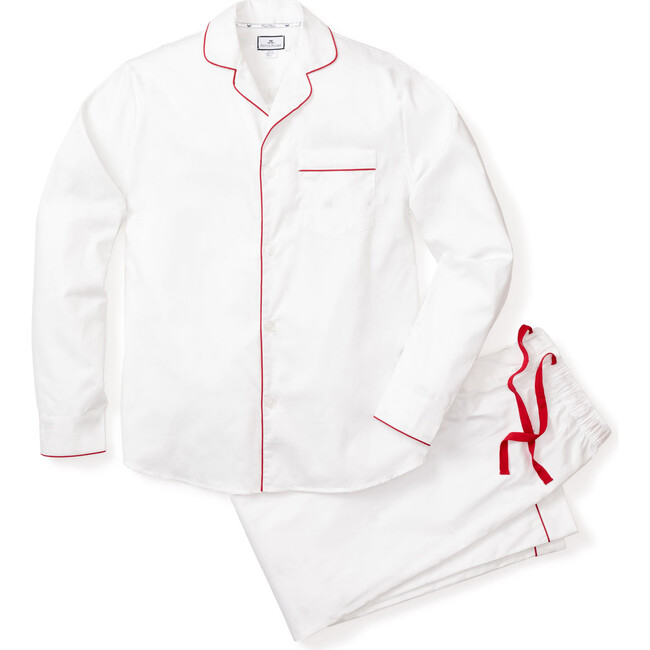 Men's Classic Twill Pajama Set, White with Red Piping