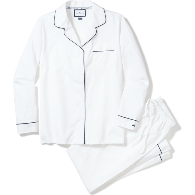 Men's Twill Pajama Set, White with Navy Piping