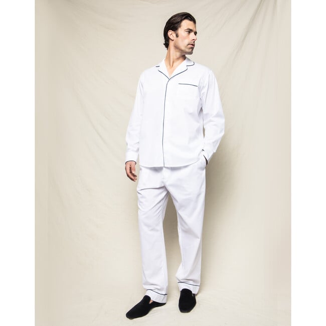 Men's Twill Pajama Set, White with Navy Piping - Pajamas - 3