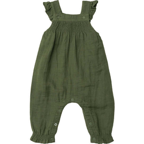 Muslin Chive Smocked Front Coverall, Green