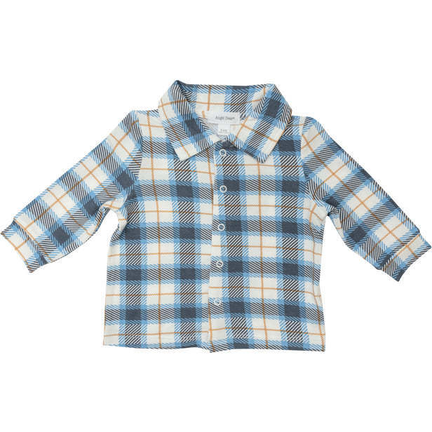 Flannel Plaid Boy Long Sleeve Collard Snap Down, Blue - Shirts - 1
