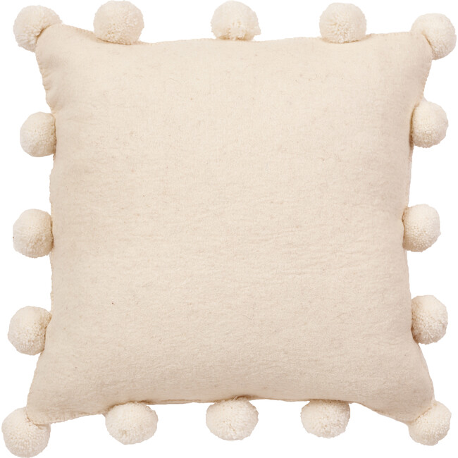 Hand Felted Wool Pillow Cover, Cream Pom Poms on Cream