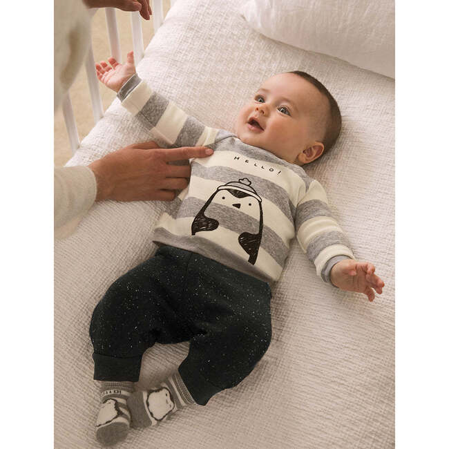 Striped Penguin Graphic Tracksuit, Grey