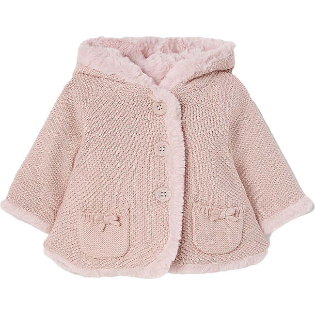 Pompon Knitted Hooded Cardigan, Pink - Cardigans - 1