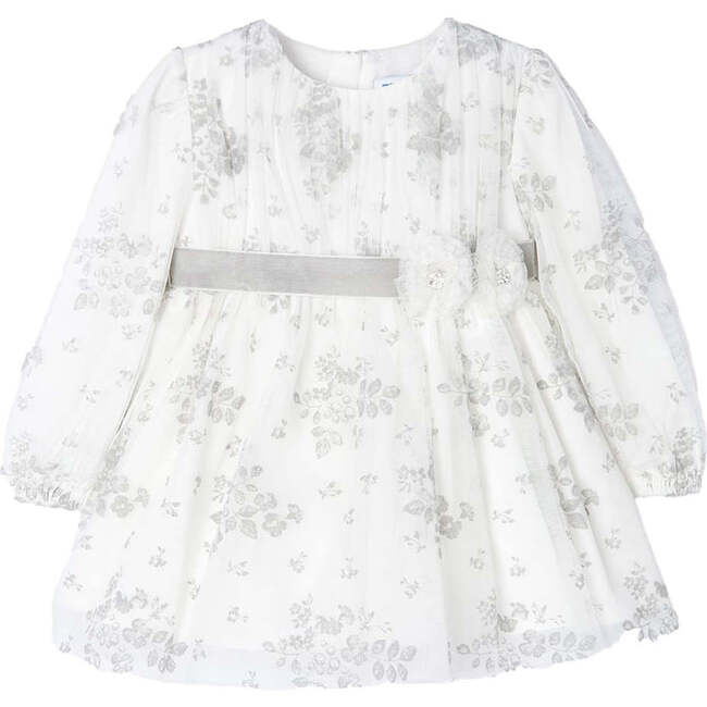 Floral Belt Tulle Dress, White