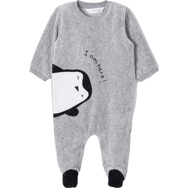 2pc Velour Penguin Graphic Babysuit Set, Grey