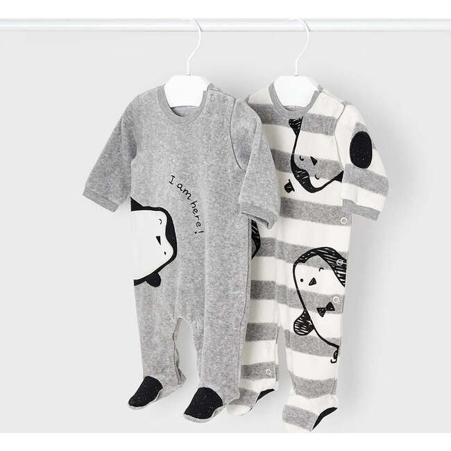 2pc Velour Penguin Graphic Babysuit Set, Grey - Onesies - 2