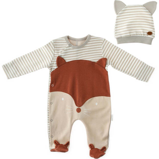 Striped Fox Babysuit & Hat Set, Beige - Onesies - 1
