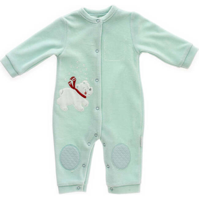 Mint Polar Bear Velvet Babysuit, Green