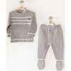 Striped Knitted Chic Outfit, Grey - Mixed Apparel Set - 2