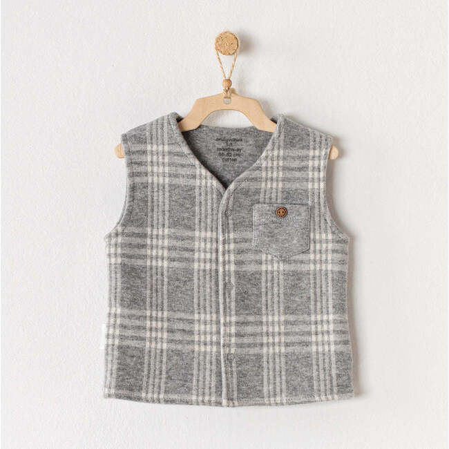 Little Hedgehog Plaid Pocket Vest, Grey