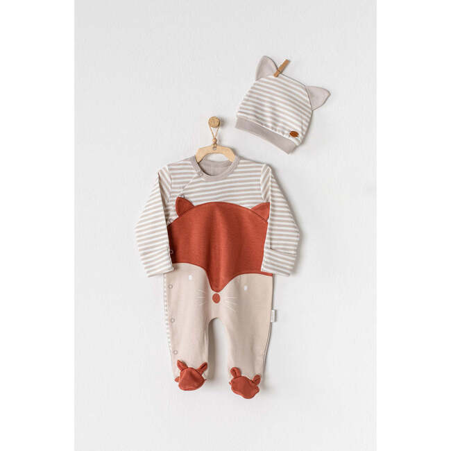 Striped Fox Babysuit & Hat Set, Beige