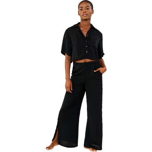 Faux Silk Crop Top + Wide Leg Pant w/Slit - Pajamas - 1