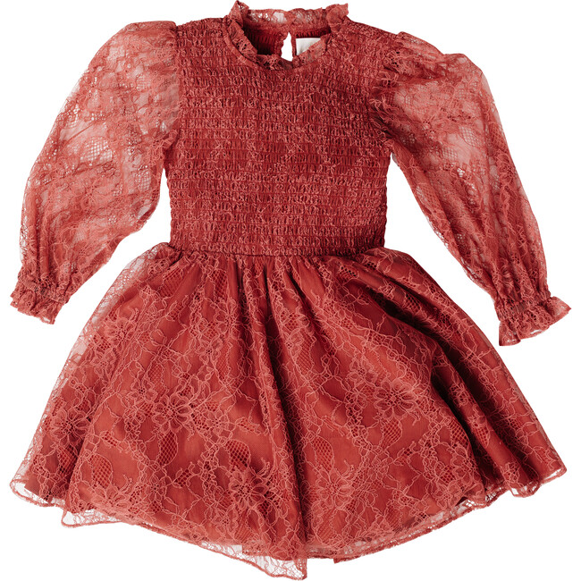 Smock Bodice Girls Lace Dress, Rust 2 - Dresses - 1
