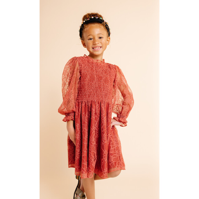 Smock Bodice Girls Lace Dress, Rust 2 - Dresses - 3