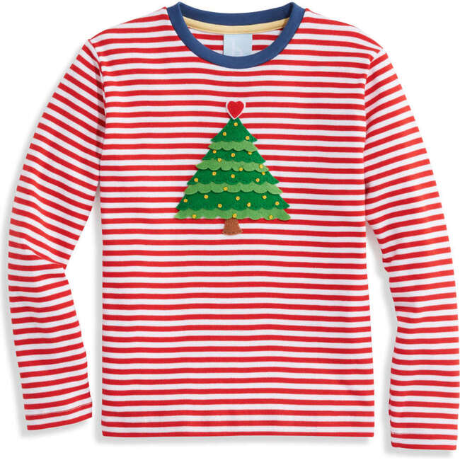 Striped Long Sleeve Applique Tee, Red/White Stripe with Christmas Tree