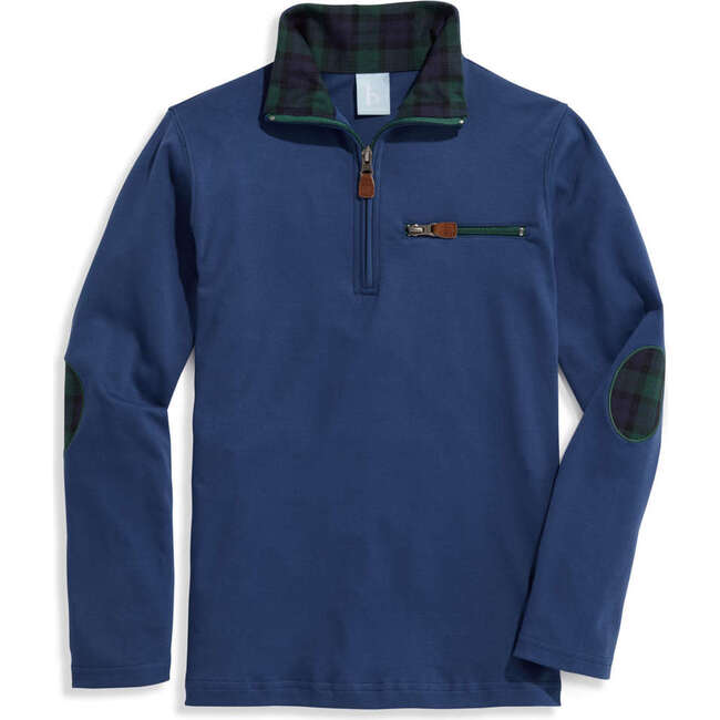 Elbow Patch Pima Half Zip Pullover, Cadet Blue with Melbourne Plaid - Jackets - 1