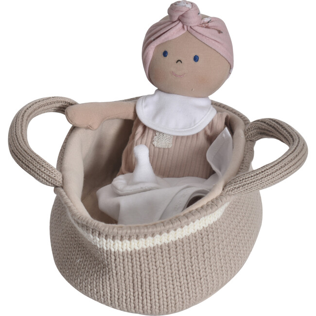 Knitted Carry Cot with Baby Light Skin, Soother & Blanket