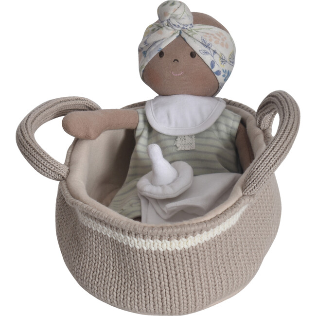 Knitted Carry Cot with Baby Dark Skin, Soother & Blanket