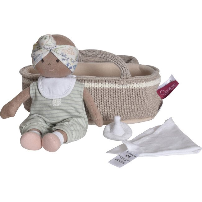 Knitted Carry Cot with Baby Dark Skin, Soother & Blanket - Soft Dolls - 3