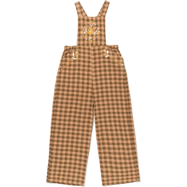 Embroidered Overalls, Green Gingham