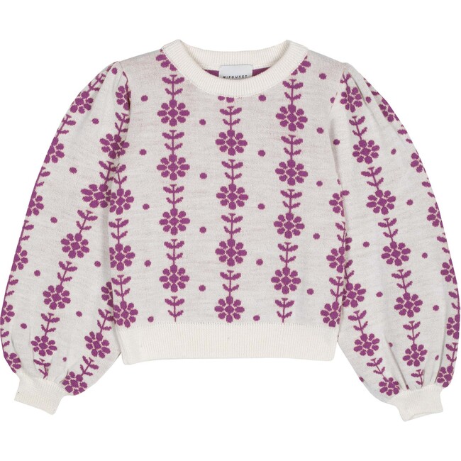 Wool Braided Flower Sweater, Cream/Dark Mauve
