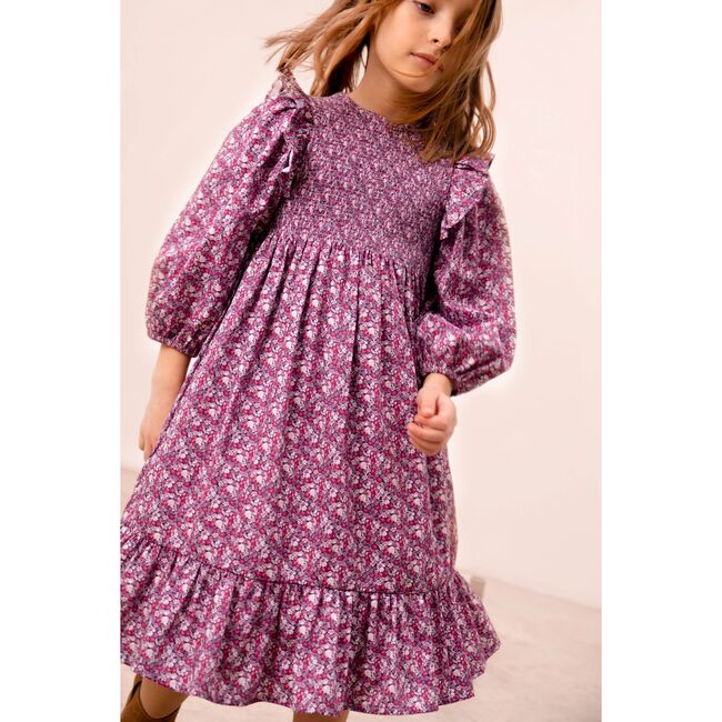 Smocked Popelin Flower Dress, Fuschia - Dresses - 3