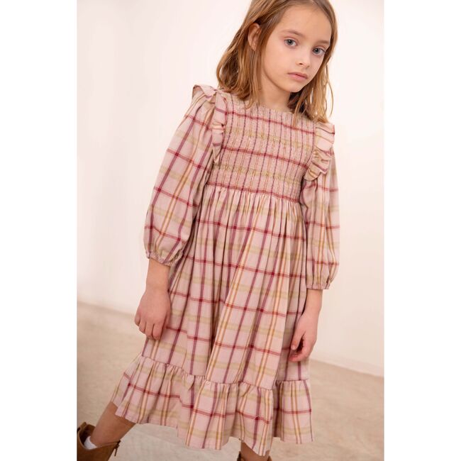 Smocked Viyella Tartan Dress, Pink Sand - Dresses - 4