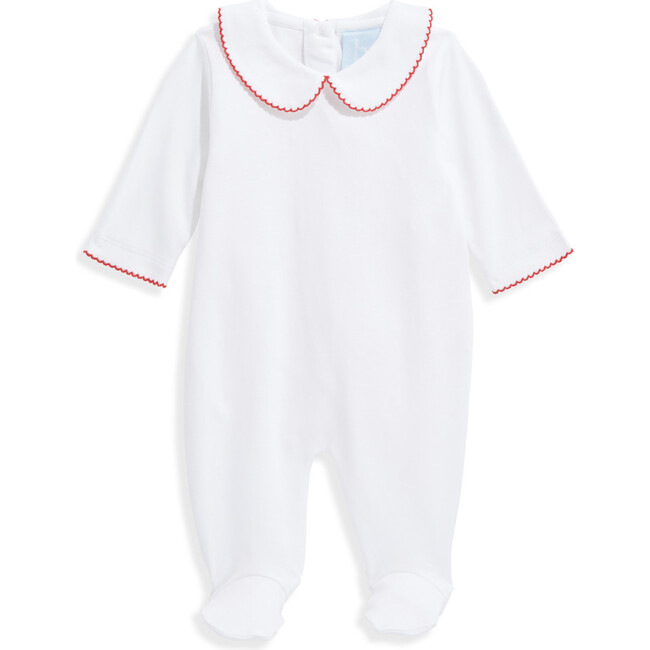 Embroidered Collared Pima Footie, White with Red