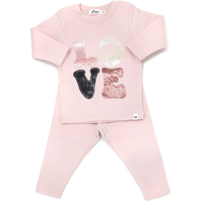 Two Piece Set in 'LOVE' with Heart Applique, Pale Pink