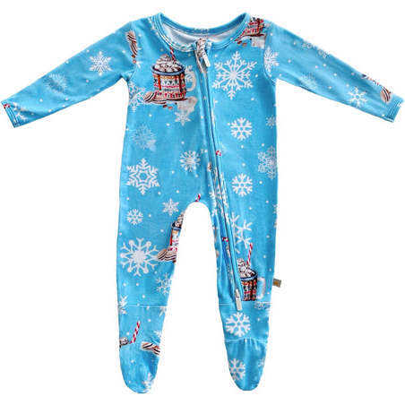A Marshmallow Cocoa Winter Christmas Holiday Bamboo Zippered Footed Onesie, Light Blue