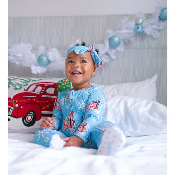A Marshmallow Cocoa Winter Christmas Holiday Bamboo Zippered Footed Onesie, Light Blue - Bodysuits - 3