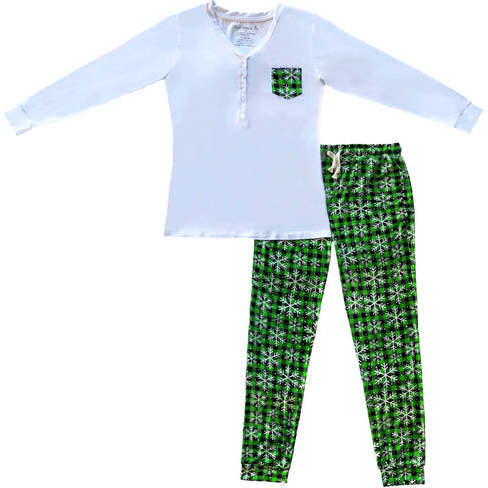 Women's Pine Lumber Snowflake Christmas Holiday Long Sleeve Bamboo Loungewear Set, Green - Loungewear - 1