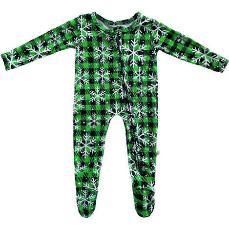 Pine Lumber Snowflake Christmas Holiday Bamboo Zippered Footed Onesie, Green