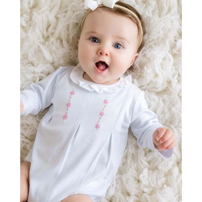 Embroidered Striped Bubble, Light Blue - Rompers - 2