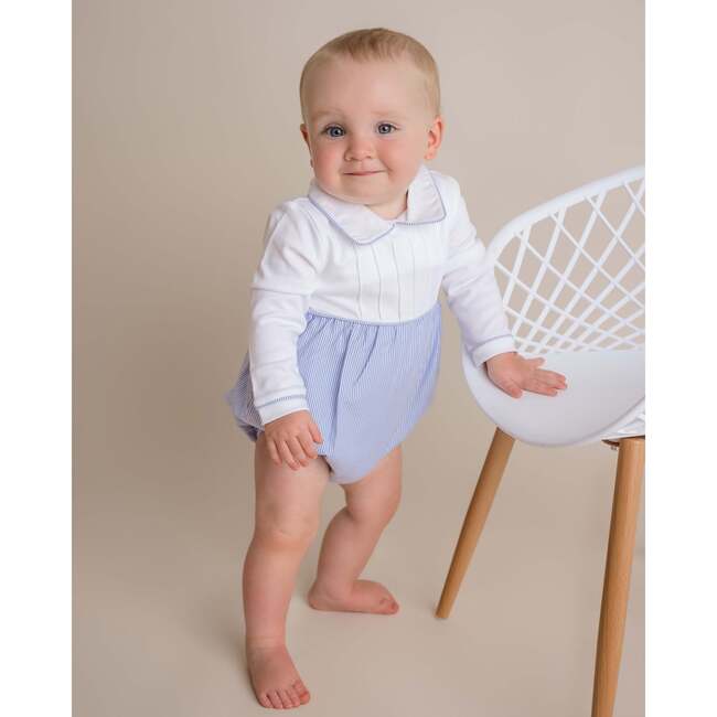 Jersey Pleated Striped Bubble, White/Light Blue - Rompers - 2