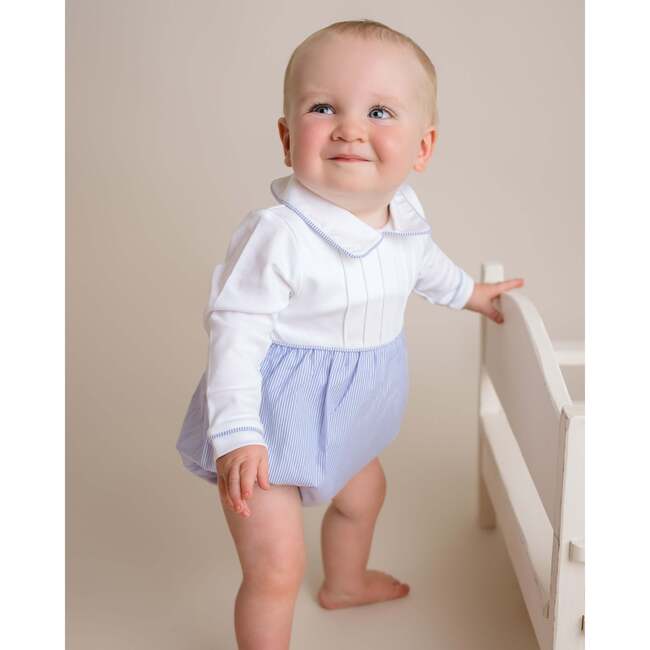 Jersey Pleated Striped Bubble, White/Light Blue - Rompers - 4