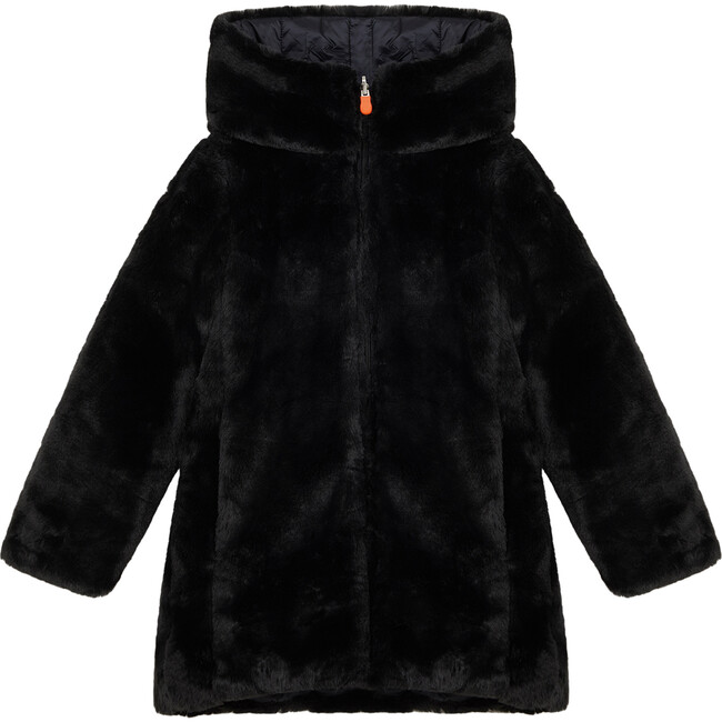 Girls Fury Reversible Faux Fur Hooded Coat, Black - Coats - 1