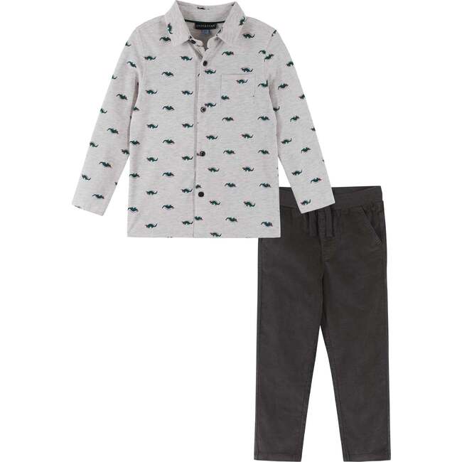 Infant Holiday Stegosaurus Pattern Button Down Shirt & Pant Set, Oatmeal