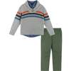 Infant 3-Piece Multi Striped Shawl Sweater Set, Grey - Mixed Apparel Set - 1 - thumbnail