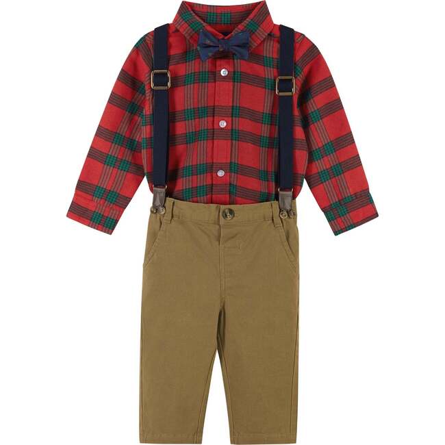 4-Piece Red Holiday Plaid Button Down Shirt & Pant Set, Red - Mixed Apparel Set - 1
