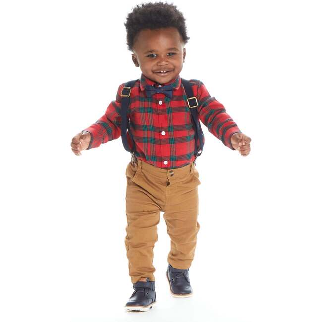 4-Piece Red Holiday Plaid Button Down Shirt & Pant Set, Red - Mixed Apparel Set - 2