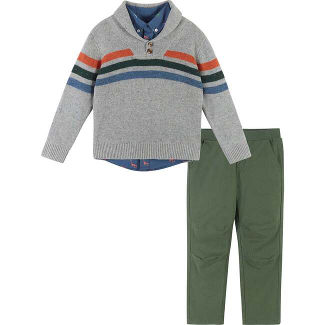 3-Piece Multi Striped Shawl Sweater Set, Grey - Mixed Apparel Set - 1