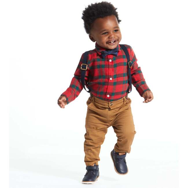 4-Piece Red Holiday Plaid Button Down Shirt & Pant Set, Red - Mixed Apparel Set - 3