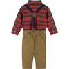 4-Piece Red Holiday Plaid Button Down Shirt & Pant Set, Red - Mixed Apparel Set - 4 - thumbnail