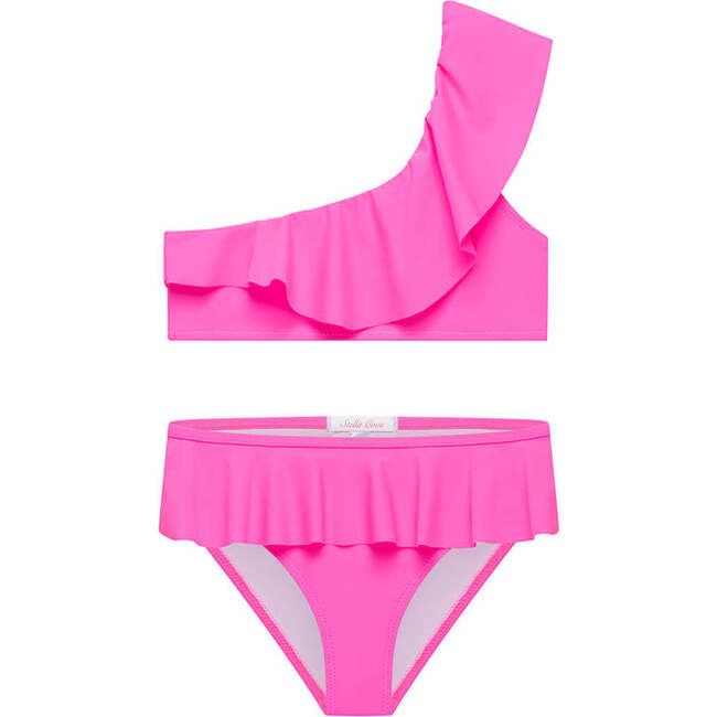 Ruffle One Shoulder Bikini, Neon Pink