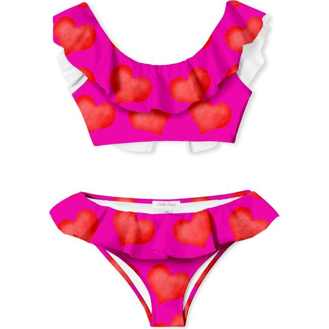 Hearts Print Ruffle Bikini, Pink/Red
