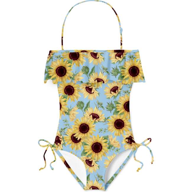 Sunflower Print Bathing Suit, Blue/Multicolors - One Pieces - 1